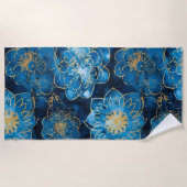 青とエレガント金ゴールドフローラ – ボスタイリッシュタニカル ビーチタオル (正面)