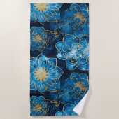 青とエレガント金ゴールドフローラ – ボスタイリッシュタニカル ビーチタオル (正面)