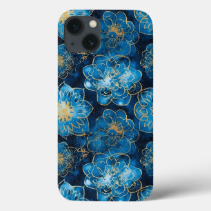 青とエレガント金ゴールドフローラ – ボスタイリッシュタニカル iPhone 13ケース