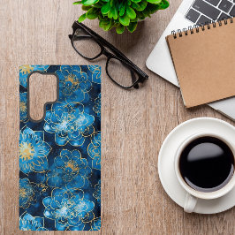 青とエレガント金ゴールドフローラ – ボスタイリッシュタニカル SAMSUNG GALAXY S22 ULTRAケース