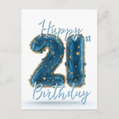 青とエレガント金ゴールド宝石トーン21誕生日 ポストカード (正面)