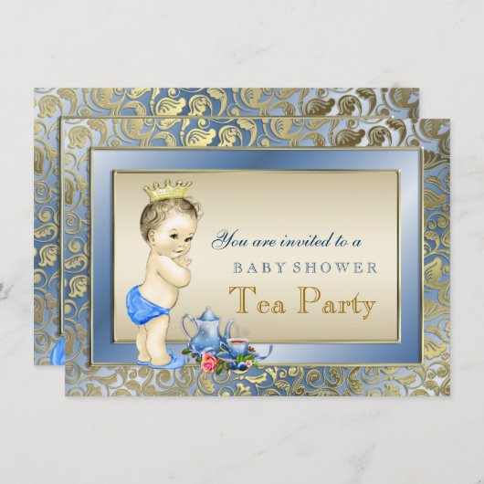 青とエレガント金ゴールド少年の紅茶パーティー赤ちゃんシャワー 招待状 (正面/裏面)
