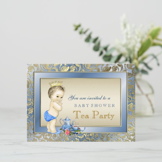 青とエレガント金ゴールド少年の紅茶パーティー赤ちゃんシャワー 招待状 (スタンド正面)
