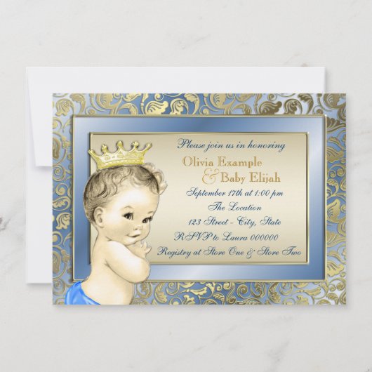 青とエレガント金ゴールド少年の紅茶パーティー赤ちゃんシャワー 招待状 (裏面)