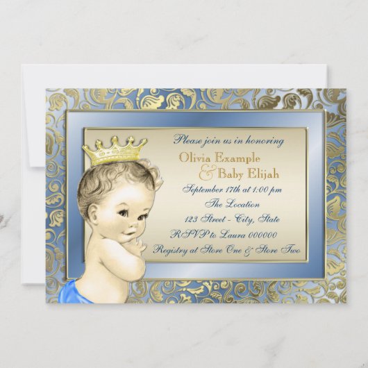 青とエレガント金ゴールド少年の紅茶パーティー赤ちゃんシャワー 招待状 (裏面)
