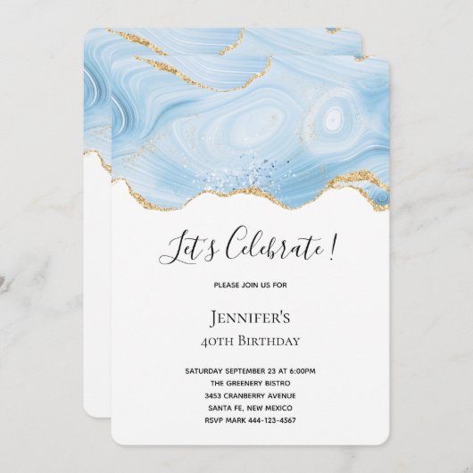 青とエレガント金ゴールド瑪瑙の背景誕生日 招待状 (正面/裏面)