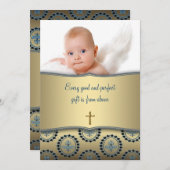 青とエレガント金ゴールド男の赤ちゃんフォト《キリスト教》洗礼式や命名式 招待状 (正面/裏面)