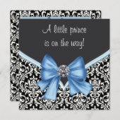 青とエレガント黒のダマスク王子の赤ちゃんシャワー 招待状 (正面/裏面)