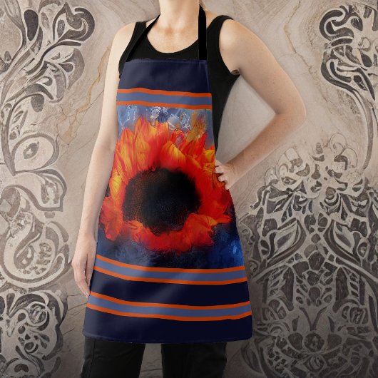 青とオレンジのを持つ大きなオレンジ色のひまわりストライプ エプロン
