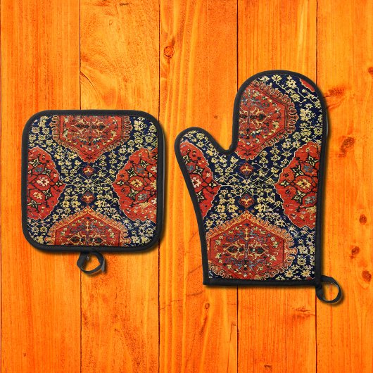 青とオレンジのオリエンタルラグ 鍋つかみ&鍋敷きセット
