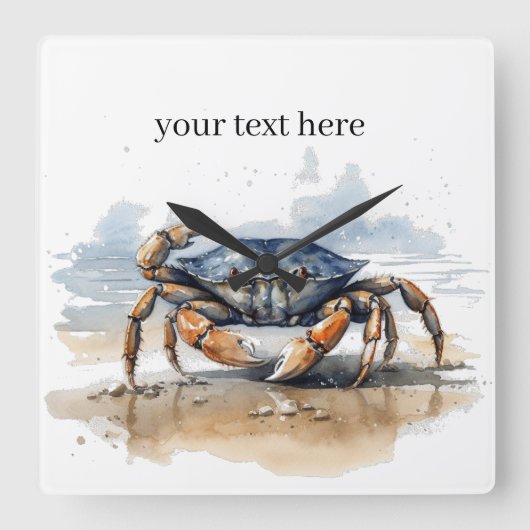 青とオレンジのカニ歩くオンビーチ スクエア壁時計 (正面)