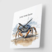 青とオレンジのカニ歩くオンビーチ スクエア壁時計 (傾斜)