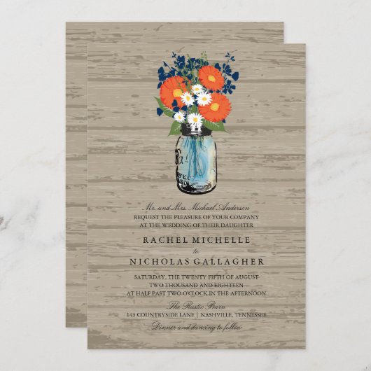 青とオレンジのガーデンメイソンジャールウッド | ウェディング 招待状 (正面/裏面)