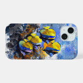 青とオレンジのサンゴ礁の上の熱帯魚の電話ケース iPhone 15ケース (裏面横)