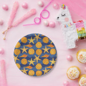 青とオレンジのシーシェルパターン ペーパープレート (パーティー)