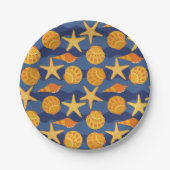 青とオレンジのシーシェルパターン ペーパープレート (正面)