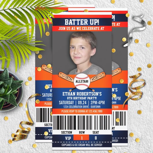 青とオレンジのチケットスタイル野球誕生日パーティー 招待状