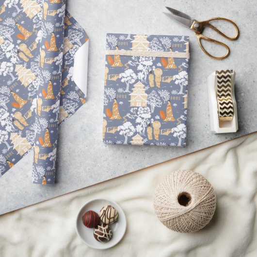 青とオレンジのチャイノジュリーパゴダ ラッピングペーパー (クラフト)