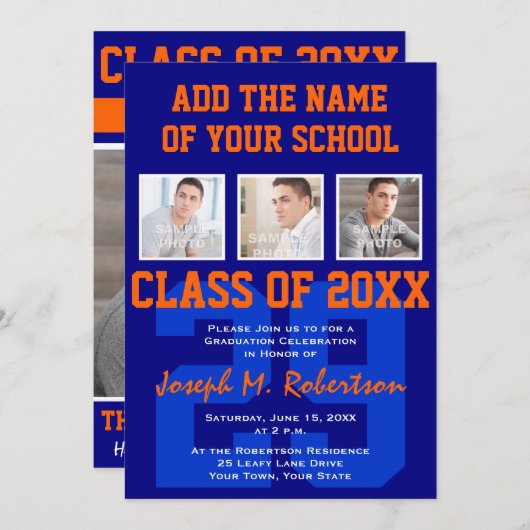 青とオレンジのチームスクールアスリート卒業 招待状 (正面/裏面)