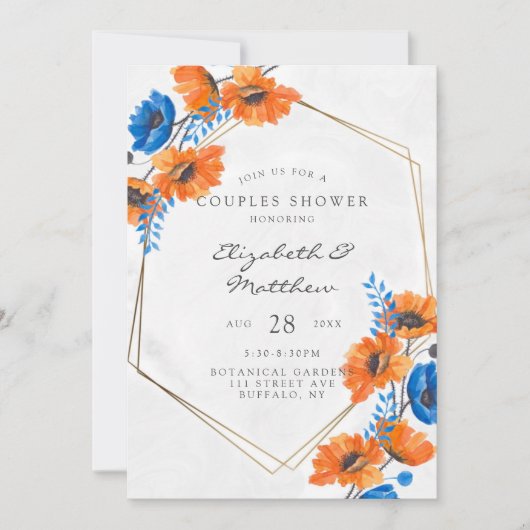 青とオレンジのポピー幾何学的カップルのシャワー 招待状 (正面)
