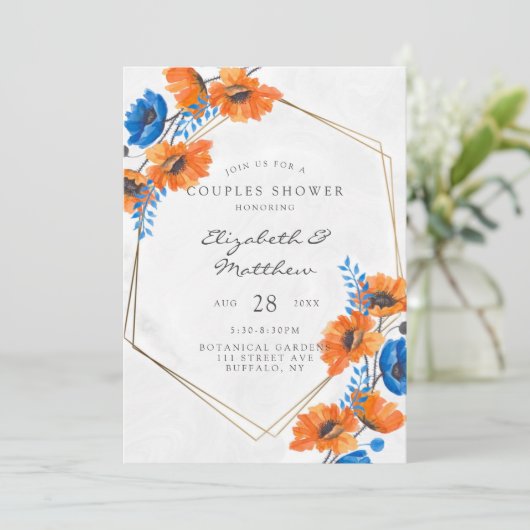 青とオレンジのポピー幾何学的カップルのシャワー 招待状 (スタンド正面)