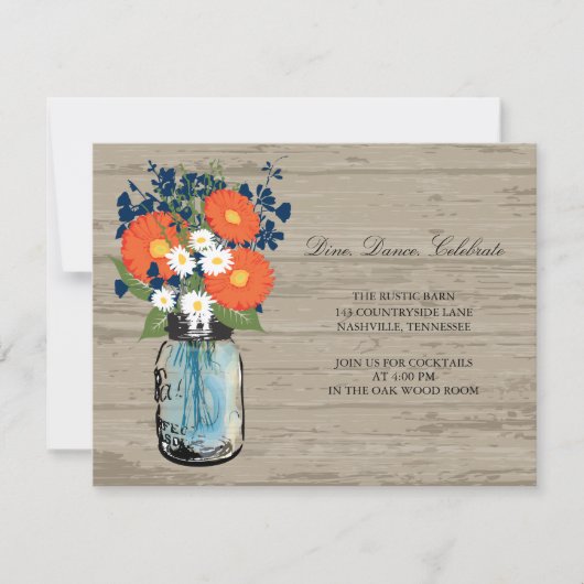 青とオレンジのメイソンジャー ウッド | レセプション 招待状 (正面)