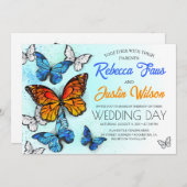 青とオレンジのモルフォとモンアーク蝶 招待状 (正面/裏面)