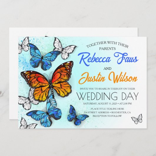 青とオレンジのモルフォとモンアーク蝶 招待状 (正面/裏面)