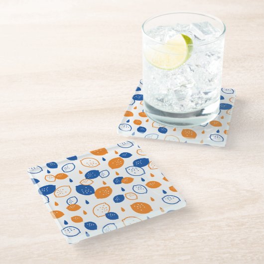 青とオレンジのレモンパターンよくはしゃぐフルーツをテーマにした ガラスコースター (アングル)