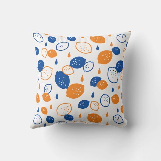 青とオレンジのレモンパターンよくはしゃぐフルーツをテーマにした クッション (裏面)
