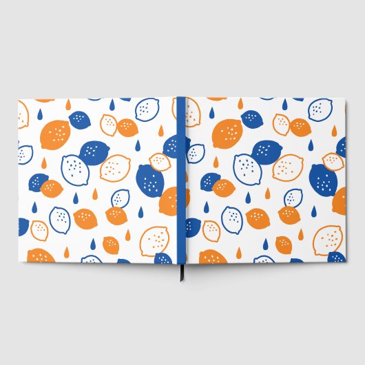 青とオレンジのレモンパターンよくはしゃぐフルーツをテーマにした ゲストブック (全面)