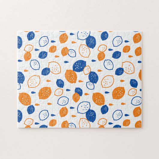 青とオレンジのレモンパターンよくはしゃぐフルーツをテーマにした ジグソーパズル (横)