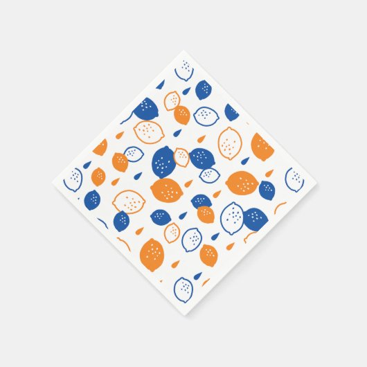 青とオレンジのレモンパターンよくはしゃぐフルーツをテーマにした スタンダードカクテルナプキン (角)
