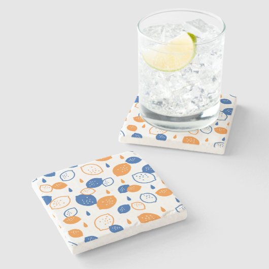 青とオレンジのレモンパターンよくはしゃぐフルーツをテーマにした ストーンコースター (横)