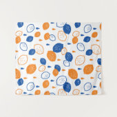 青とオレンジのレモンパターンよくはしゃぐフルーツをテーマにした タペストリー (正面(横))