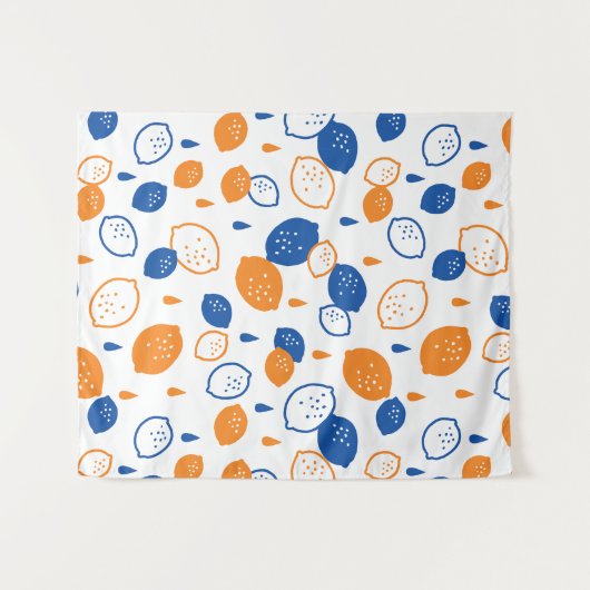 青とオレンジのレモンパターンよくはしゃぐフルーツをテーマにした タペストリー (正面(横))