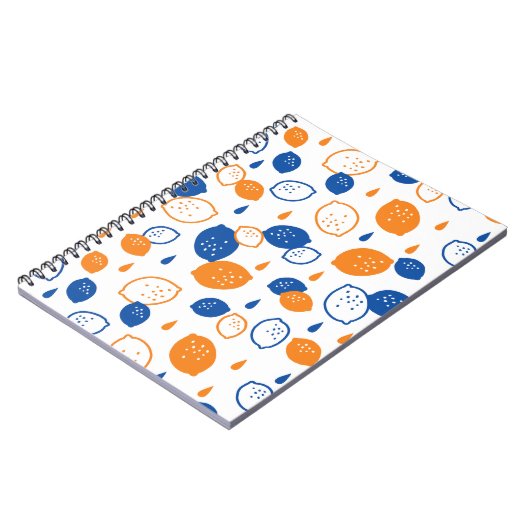 青とオレンジのレモンパターンよくはしゃぐフルーツをテーマにした ノートブック (左側)