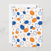 青とオレンジのレモンパターンよくはしゃぐフルーツをテーマにした ポストカード (正面/裏面)