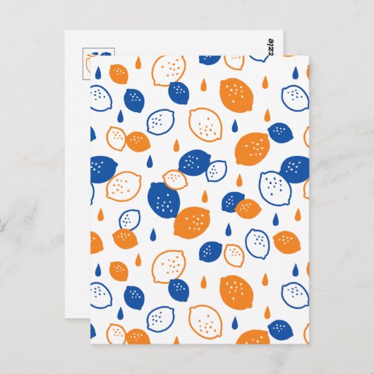 青とオレンジのレモンパターンよくはしゃぐフルーツをテーマにした ポストカード (正面/裏面)