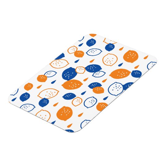 青とオレンジのレモンパターンよくはしゃぐフルーツをテーマにした マグネット (左側)