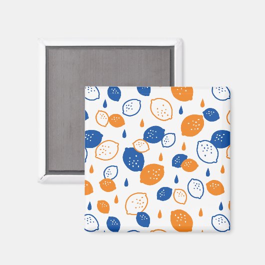 青とオレンジのレモンパターンよくはしゃぐフルーツをテーマにした マグネット (正面/裏面)