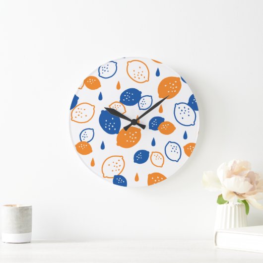 青とオレンジのレモンパターンよくはしゃぐフルーツをテーマにした ラージ壁時計 (ホーム)