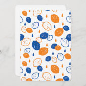 青とオレンジのレモンパターンよくはしゃぐフルーツをテーマにした 招待状 (正面/裏面)