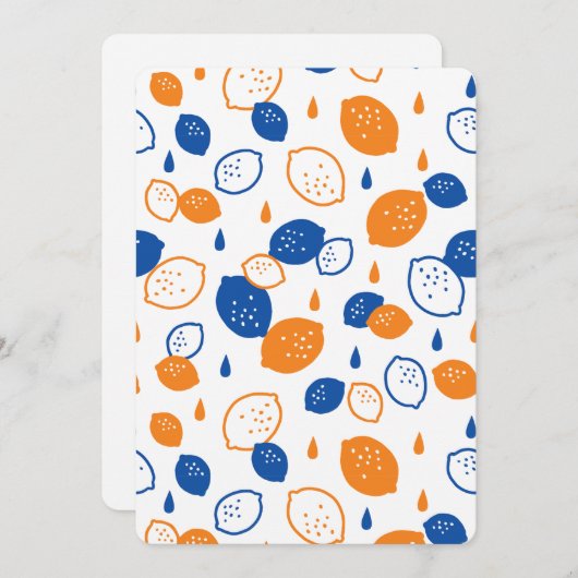 青とオレンジのレモンパターンよくはしゃぐフルーツをテーマにした 招待状 (正面/裏面)