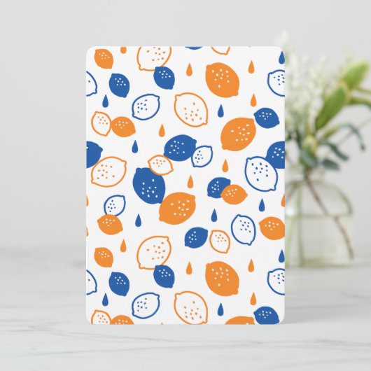 青とオレンジのレモンパターンよくはしゃぐフルーツをテーマにした 招待状 (スタンド正面)