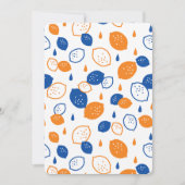 青とオレンジのレモンパターンよくはしゃぐフルーツをテーマにした 招待状 (正面)