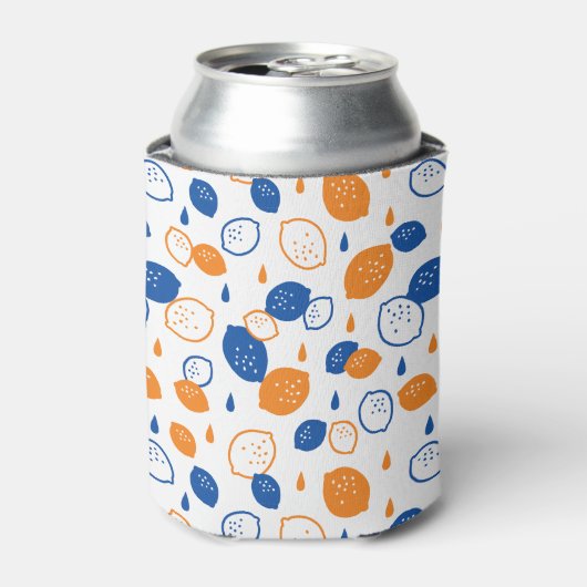 青とオレンジのレモンパターンよくはしゃぐフルーツをテーマにした 缶クーラー (缶正面)