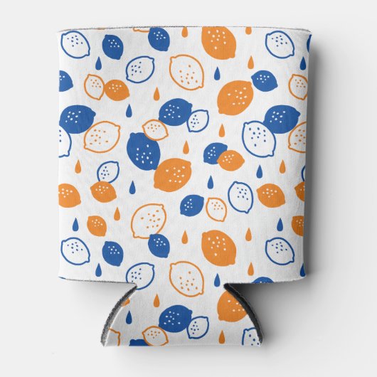 青とオレンジのレモンパターンよくはしゃぐフルーツをテーマにした 缶クーラー (正面)