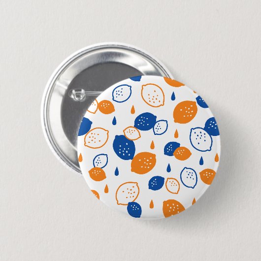 青とオレンジのレモンパターンよくはしゃぐフルーツをテーマにした 缶バッジ (正面&裏面)