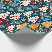 青とオレンジのヴィンテージ水色クリスマスツリー ラッピングペーパー (角)